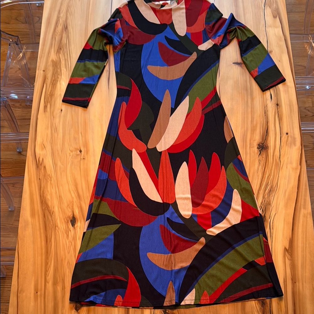 Farm Rio Blue and Red A-line Long Sleeve Dress, Size L